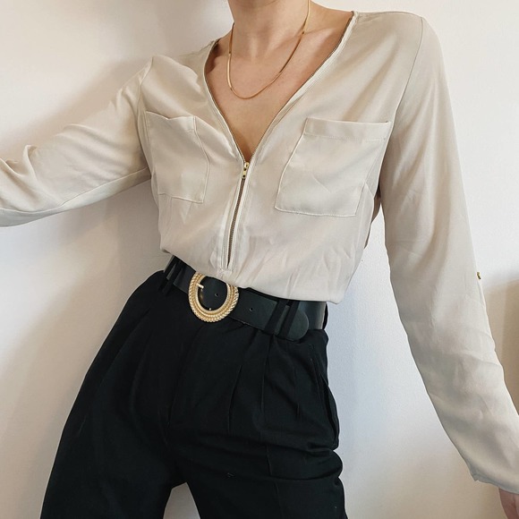 Vintage Tops - Creamy Beige Gold Zip Front Double Pocket Blouse